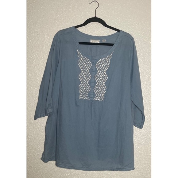Avenue Tops - Avenue Tunic Blouse Women's 18/20 Blue 3/4 Sleeve Embroidered Button